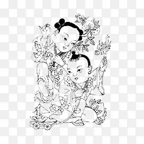 中国风母子黑白线条画1