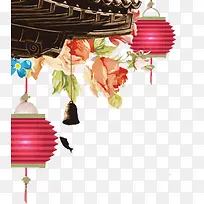 中国风传统楼台灯笼鲜花