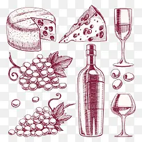彩色红酒酒杯奶酪素描图案