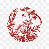 红色圆形鸟儿与花剪纸