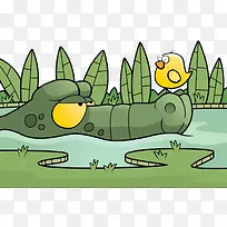 手绘卡通江水里的鳄鱼