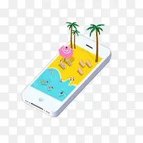 创意手机海滩旅行立体插画免抠
