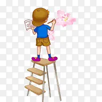 站在梯子上绘画的卡通男孩