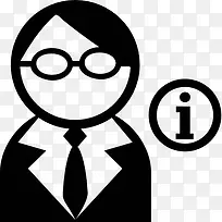 用户戴眼镜的领带西装和信息按钮图标