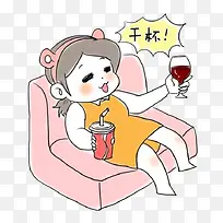 喝红酒的卡通小女孩