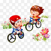 花丛中骑自行车的卡通小朋友