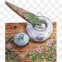 茶壶茶叶花朵