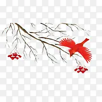 手绘树枝小红鸟和山楂