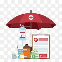 红色雨伞下的医疗用品