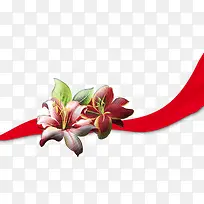 三朵百合花飘扬的红丝带