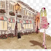 手绘欧式街道上的时尚女孩