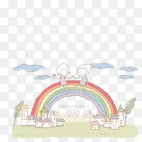 坐在彩虹上牵着手的好朋友