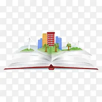 打开书本中的环保城市矢量图
