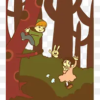 森林里爬树的男孩与女孩