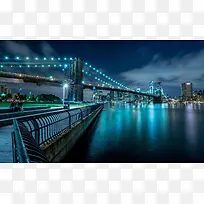 彩绘繁华都市夜晚大桥河面蓝色光效