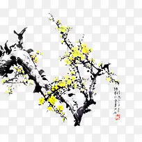 水墨绘画树枝菊花