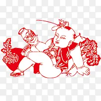 红色儿童玩耍剪纸