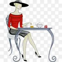 喝下午茶的女人卡通光棍节