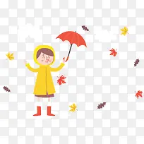 秋天下雨打伞女孩