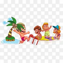 夏日沙滩上玩耍的卡通儿童