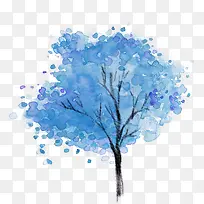 手绘蓝色树木冬季美景