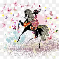骑马的少女矢量插画