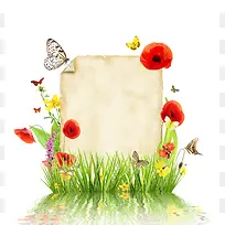 鲜花草地蝴蝶纸张背景