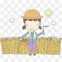 卡通人物插图割麦子的农村妇女