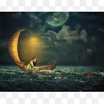 童话风意境海上美女海豚海上夜景