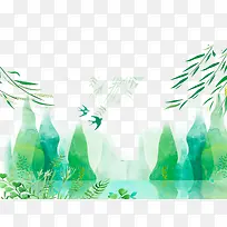 绿色清新文艺手绘山水背景