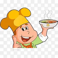拿着一碗汤的卡通小男孩厨师