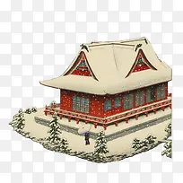 复古手绘雪中建筑