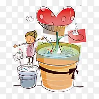 卡通手绘人物心形花卉盆载浇水