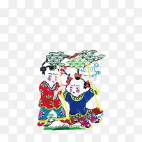 卡通中国娃打扫卫生素材图