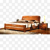 棕色实木床地板床头柜素材