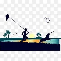 黑色扁平海边风筝少年