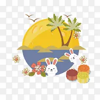 卡通中秋月兔海滩插画