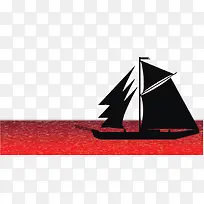 红色海面上的帆船