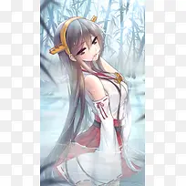 竹林水潭中的巫女动漫海报背景