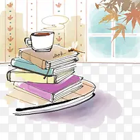 手绘版的桌上叠放书本上放着咖啡