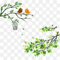 卡通树枝绿色树叶小鸟背景装饰