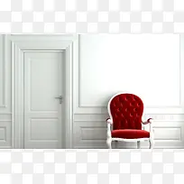 红色椅子白色木门