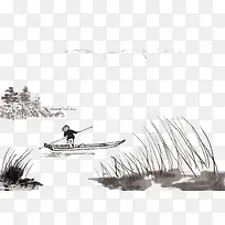 水墨古人乘船图