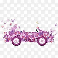 矢量紫色蝴蝶花朵敞篷跑车扁平车
