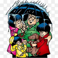 矢量雨中一家人