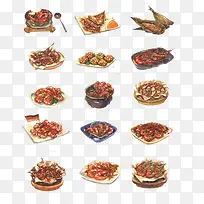 各种虾子炒菜手绘画素材图片