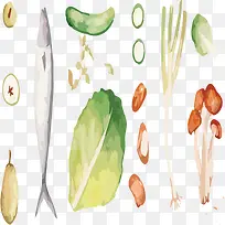 手绘蔬菜与鱼