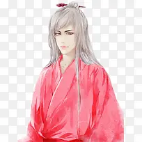 粉衣白发男子古风手绘