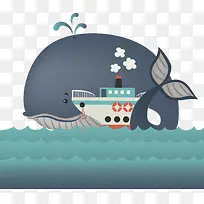 矢量图鲸鱼和航海的船