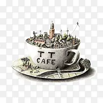 咖啡杯中的城市素描插画